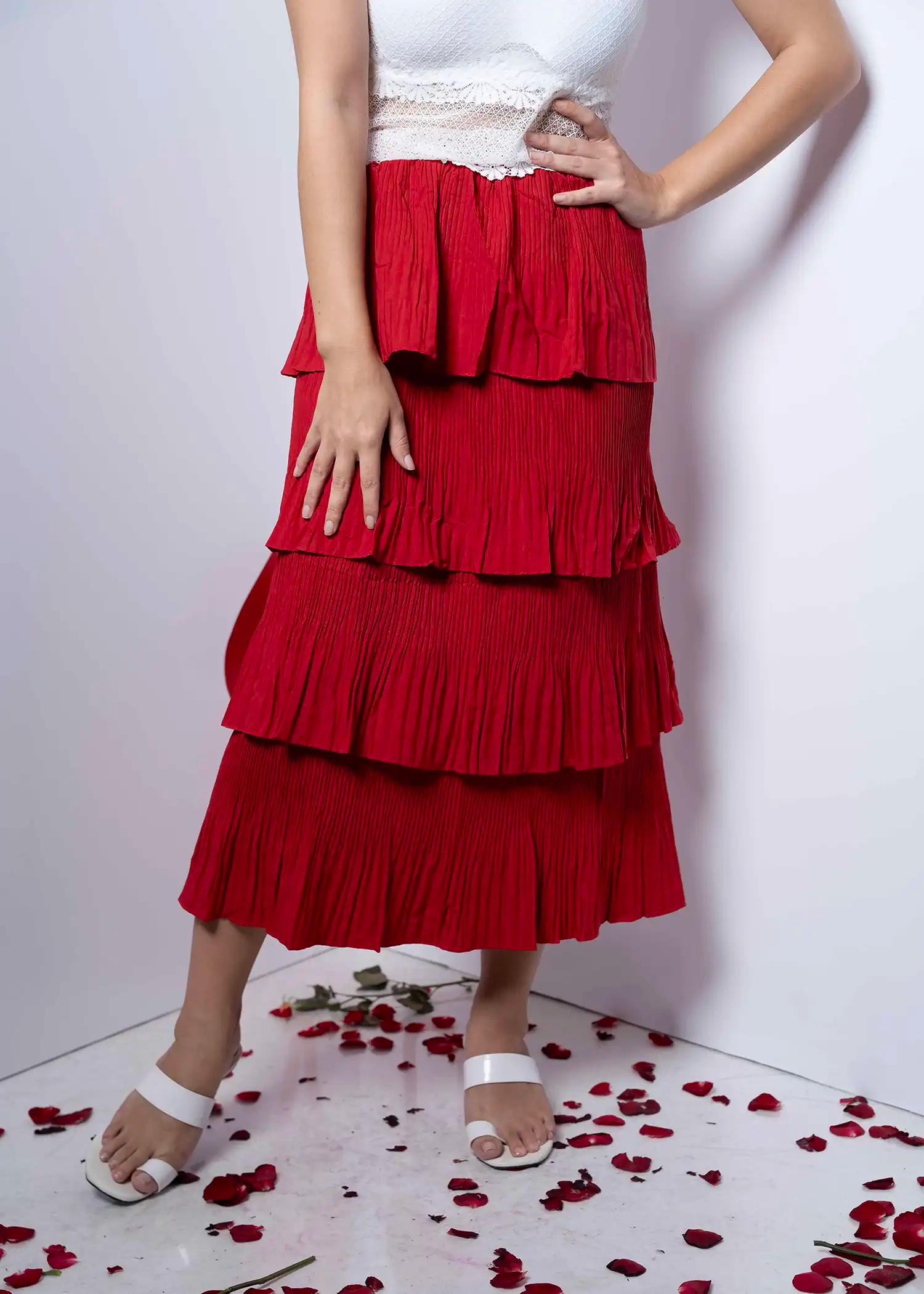 red-tiered-pleat-flair-skirt